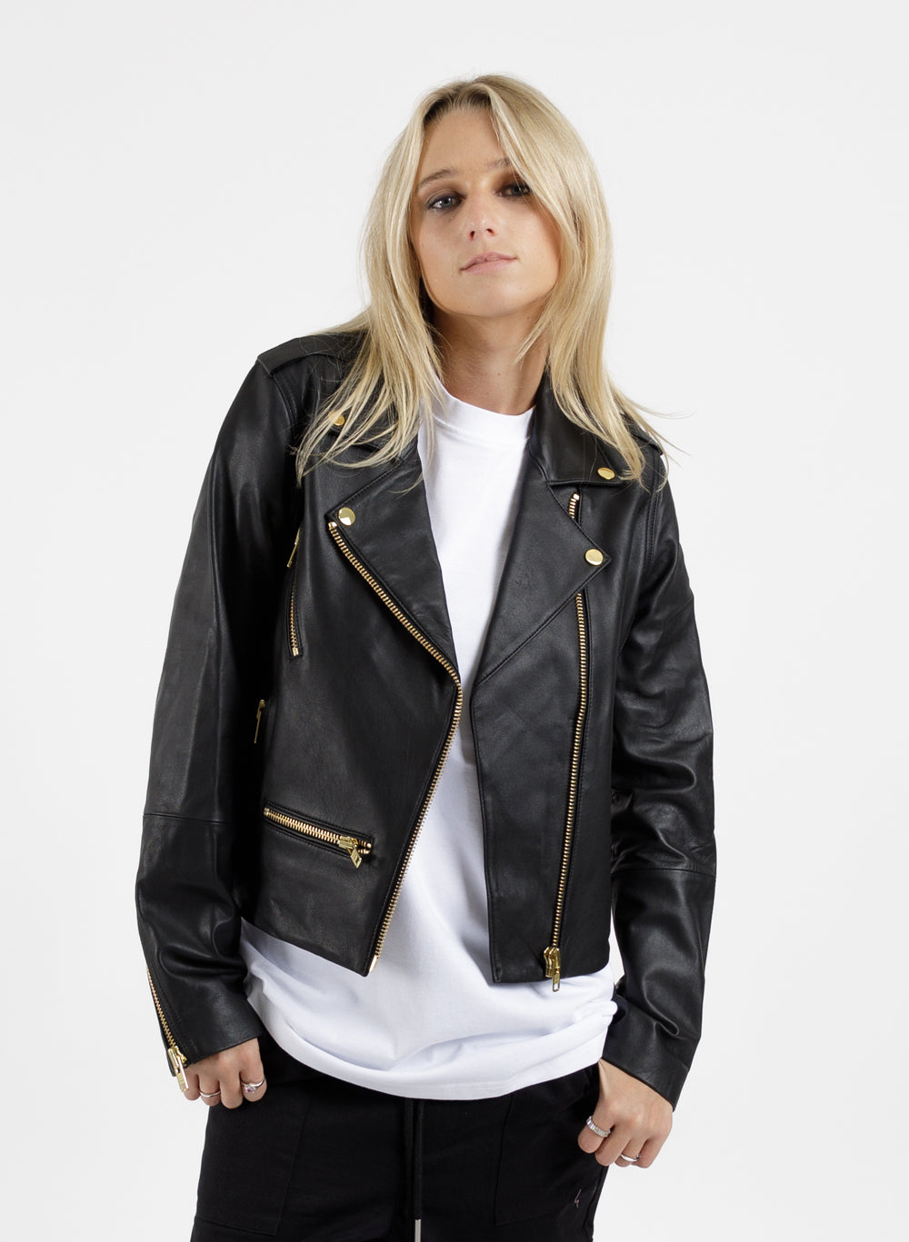 Leather Jacket Black & Gold Womens Leather NZ Federation